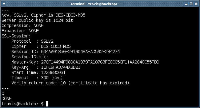 successful output from ssl2 option in openssl